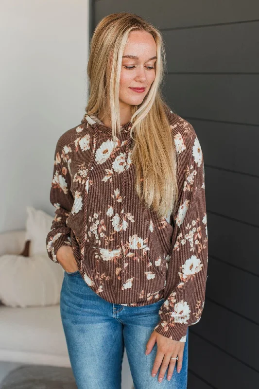 Next To Happiness Hooded Floral Top- Brown