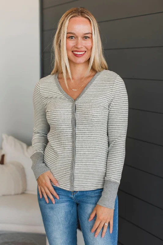 Sweetest Memory Striped Button Cardigan- Heather Grey