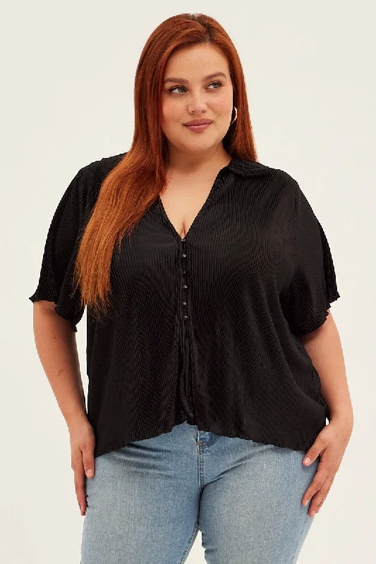 Black Pleated Shirts Short Sleeve Plisse