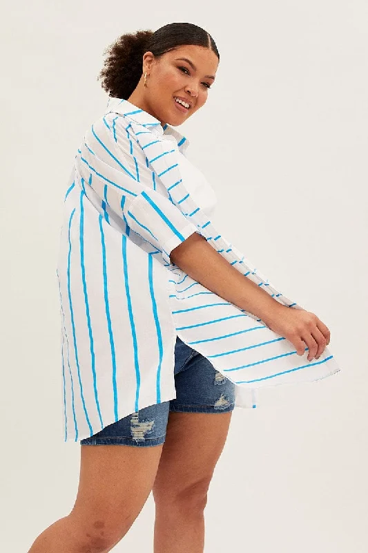 Blue Stripe Oversized Shirts Short Sleeve Button Up