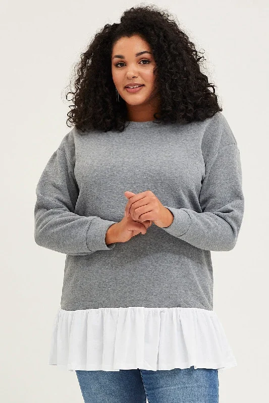 Grey Fleece Sweatshirt Woven V-neck Long Sleeve