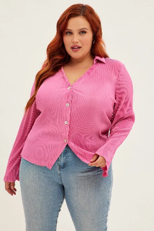 Pink Plisse Shirt Long Sleeve V-neck Button Up