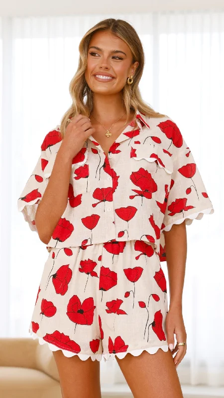 Poppy Button Up Shirt and Short Set - Red/Beige