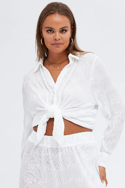 White Relaxed Shirts Long Sleeve Plisse