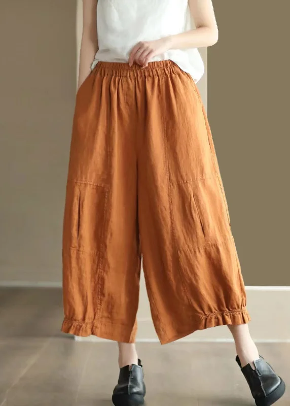 Stylish Orange Pockets Elastic Waist Cotton Crop Pants Summer