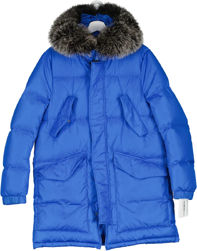 Yves Salamon Blue 3/4 Down Jacket With Fox Fur Collar UK XS