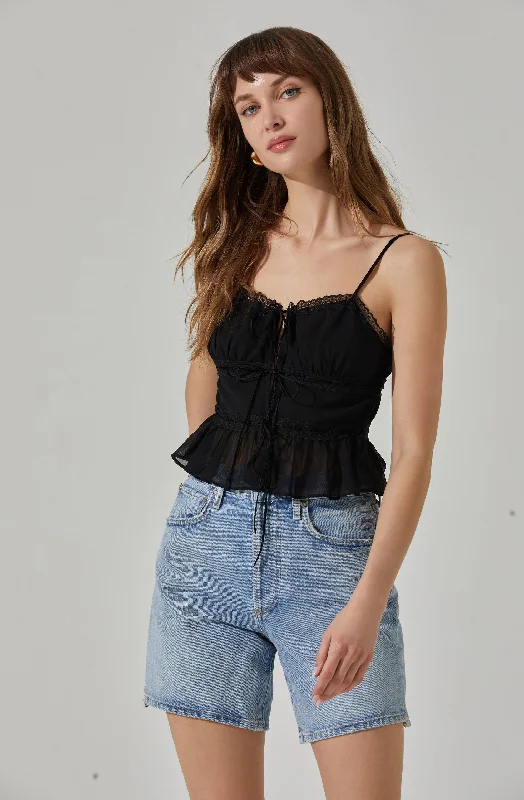 Tie-front Lace Trim Peplum Top