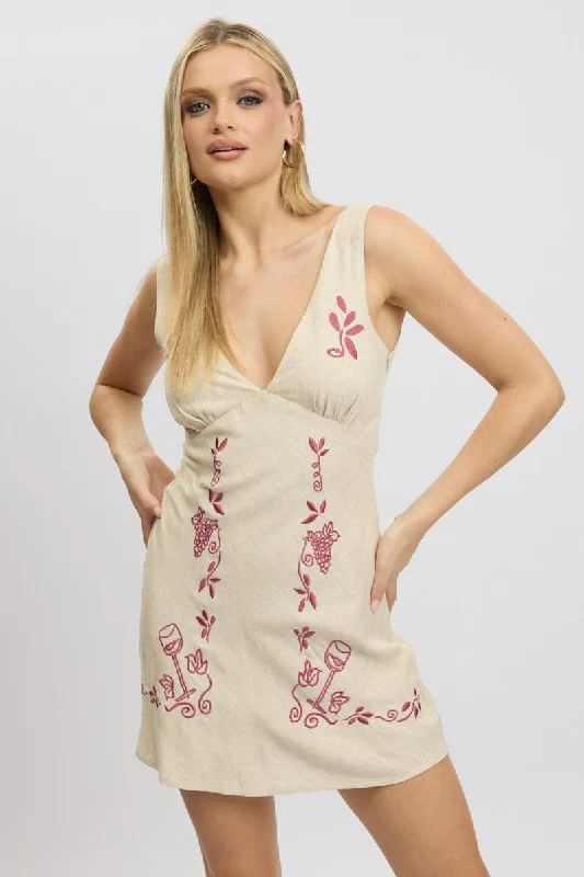 Beige Mini Dress V Neck Embroidery