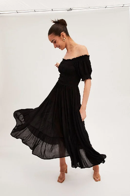 Black Maxi Dress Puff Sleeve Square Neck