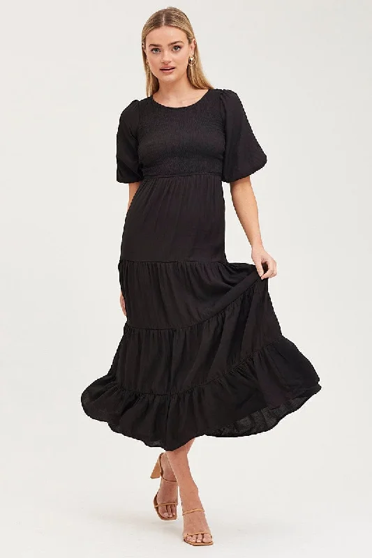 Black Shirred Dress Short Sleeve Maxi