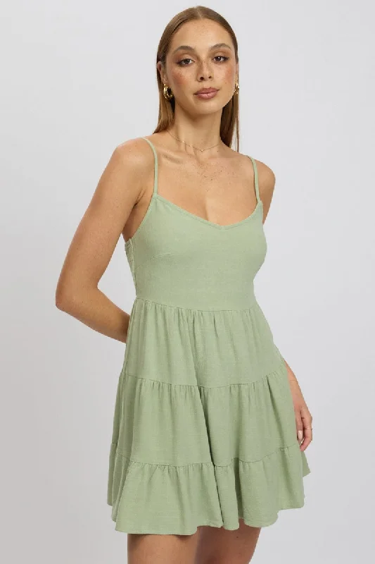 Green Abstract Mini Dress Tiered Strappy