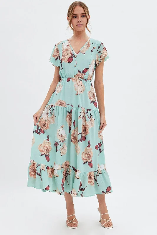 Green Floral Floral Bell Sleeve Maxi Dress