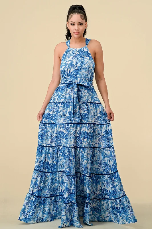 Long Halter Tiered Printed Maxi Dress