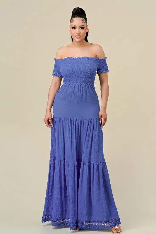 Long Off Shoulder Ruched Maxi Dress