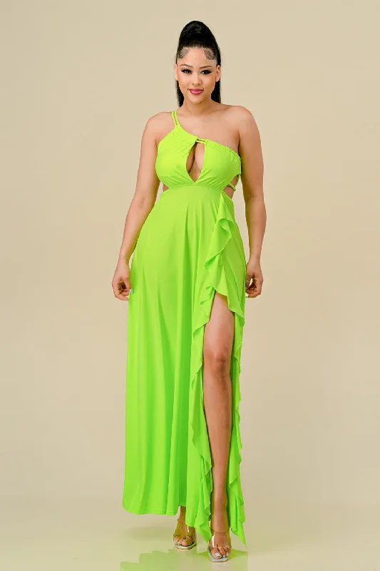 Long One Shoulder Ruffled Maxi Dress