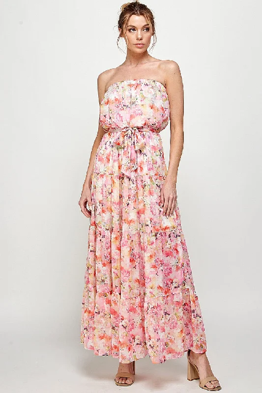 Long Strapless Floral Print Maxi Dress