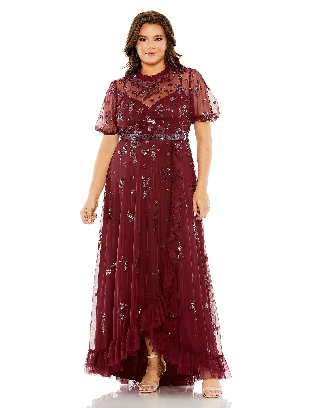 Mac Duggal 9269 Plus Size Puff Short Sleeve Embellished Faux Wrap Maxi Dress