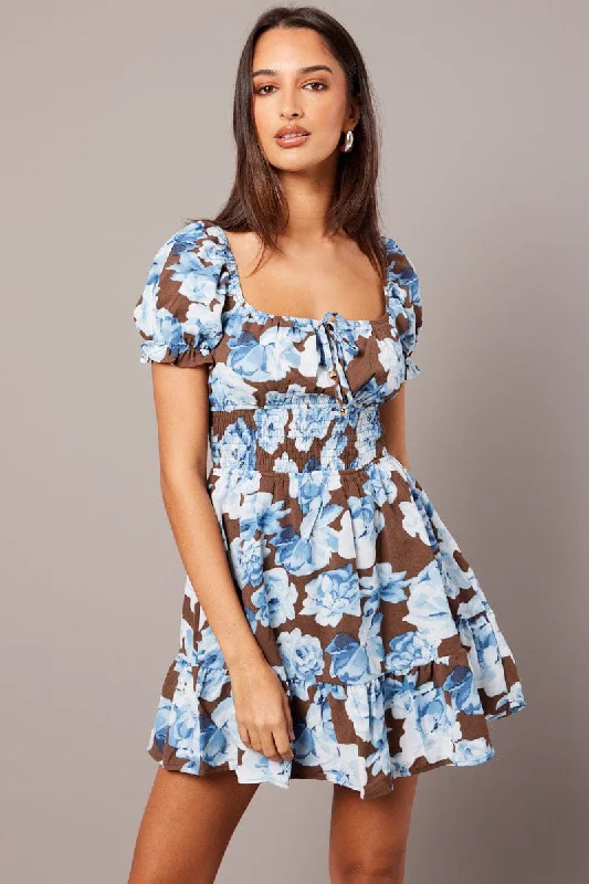 Multi Floral Fit And Flare Dress Puff Sleeve Mini Floral print