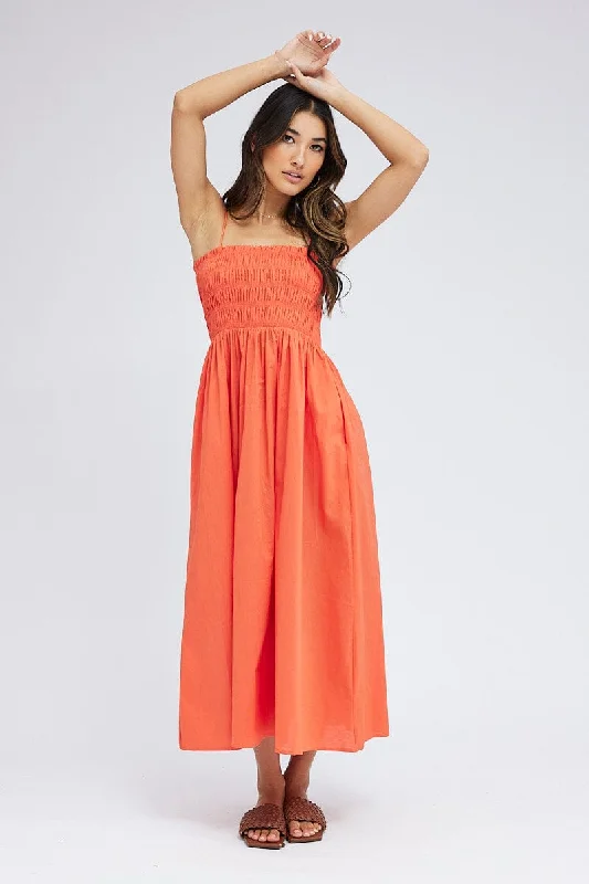 Orange Maxi Dress Shirred Bust Poplin