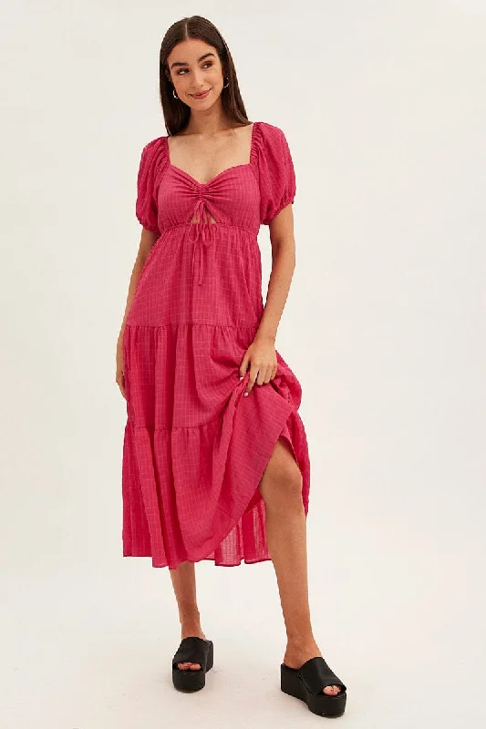 Pink Maxi Dress Sweetheart Neck Puff Sleeve