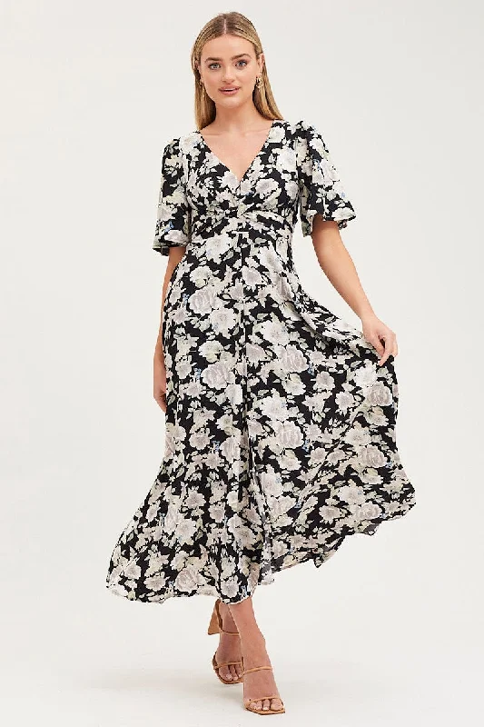 Print Dress Short Sleeve Maxi V Neck Polyester