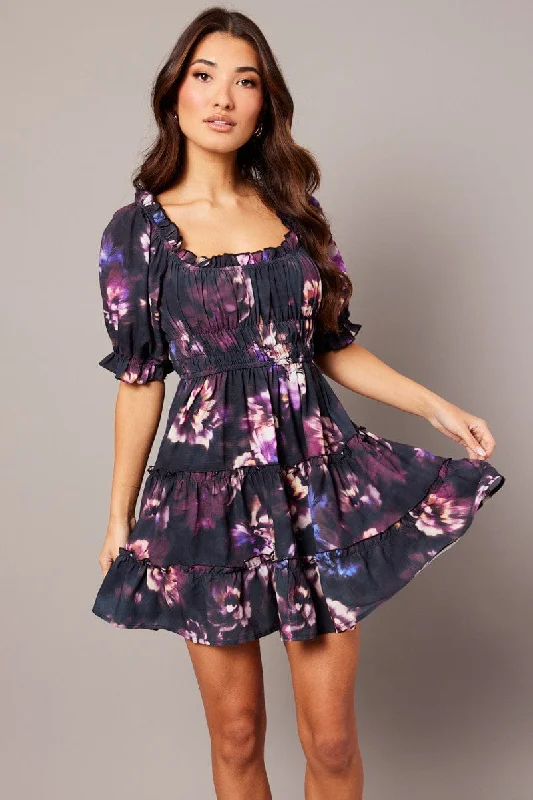 Purple Floral Fit And Flare Dress Puff Sleeve Mini