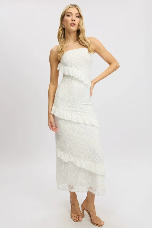 White Bodycon Dress Boob Tube Ruffle Midi Lace