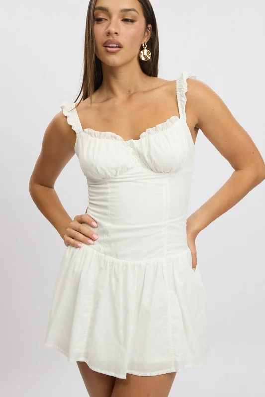 White Fit And Flare Dress Drop Waist Mini Poplin