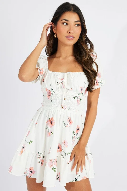 White Floral Fit And Flare Dress Puff Sleeve Mini