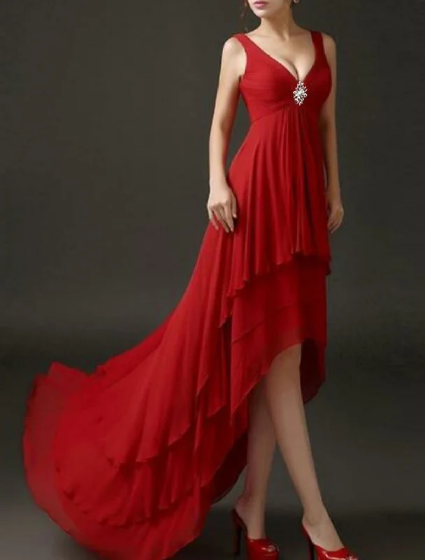 A-Line Evening Gown Hot Dress Engagement Formal Evening Asymmetrical Short Sleeve V Neck Chiffon with Crystals Tiered