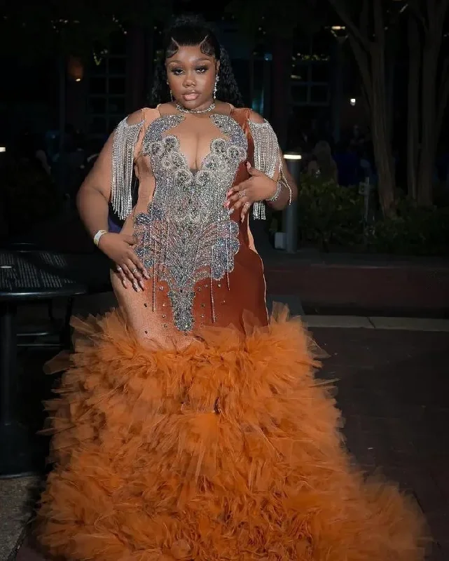 Brown Sparkly Plus Size Prom Ceremony Dresses for Black Girl Luxury Diamond Tassel Ruffles Skirt Evening Birthday Gala Gown 2024