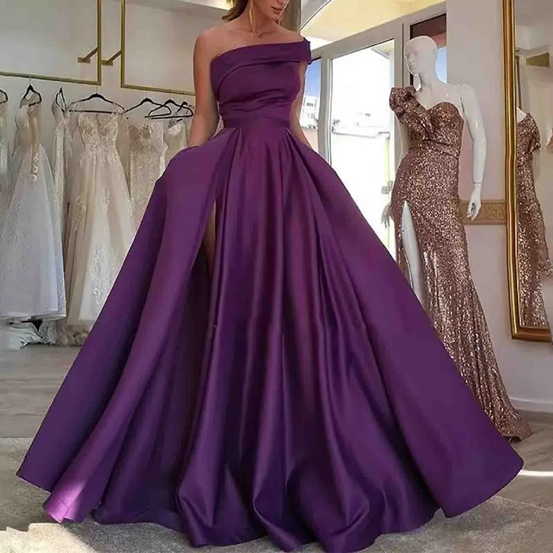 Fall Dresses For Women 2024 One Shoulder Floor Length Side Slit Solid Color Sleeveless Elegant Party Dresses Prom Evening Dress