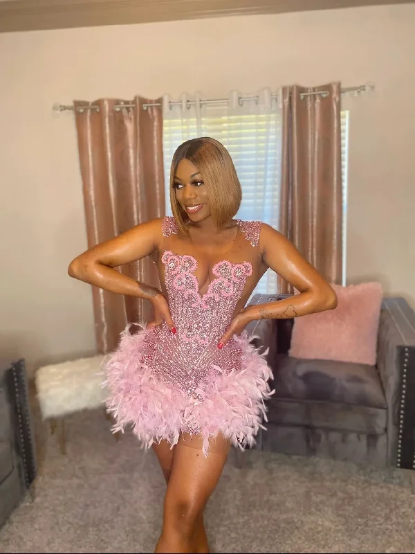 Feather Pink See Through Short Black Girl Prom Dresses Beaded African Cocktail Dresses Women Party Gowns Birthday Homecoming