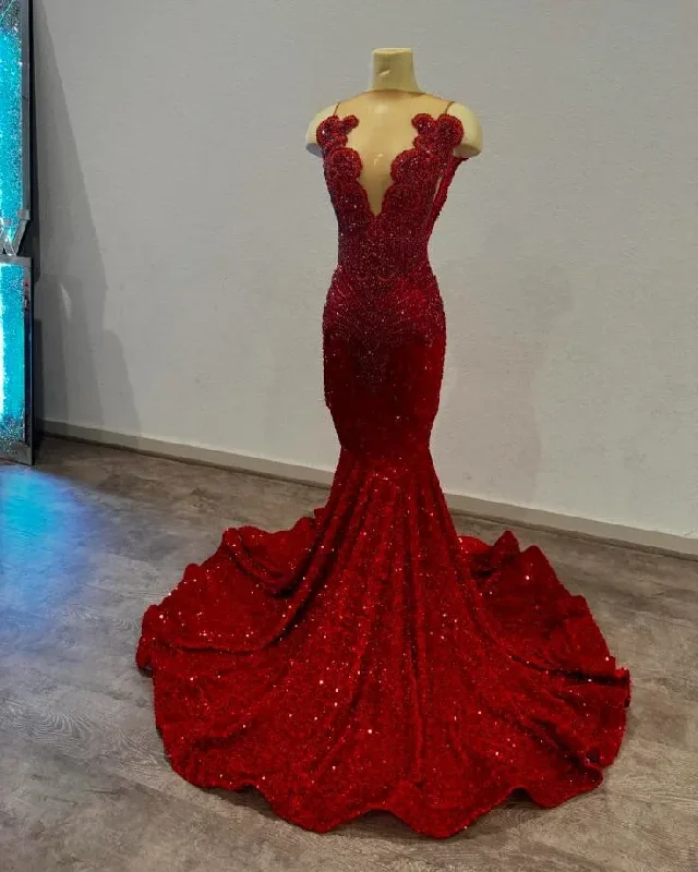 Red Sparkly Long Mermaid Prom Birthday Gala Dresses for Black Girl Luxury Diamond Velvet Evening Gown vestidos de 15 años