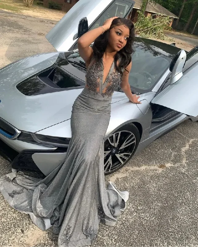 Sparkle Silver Gray Prom Dresses Sequin Applique African Mermaid Party Gowns For Women Graduation Dress Long robe de bal