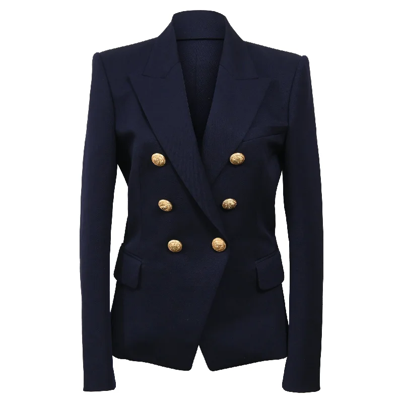 Balmain Embellished Buttons Double-Breasted Blazer in Navy Blue Wool