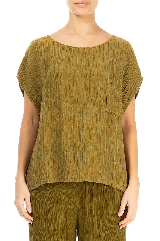 Boxy Olive Crinkled Silk Blouse