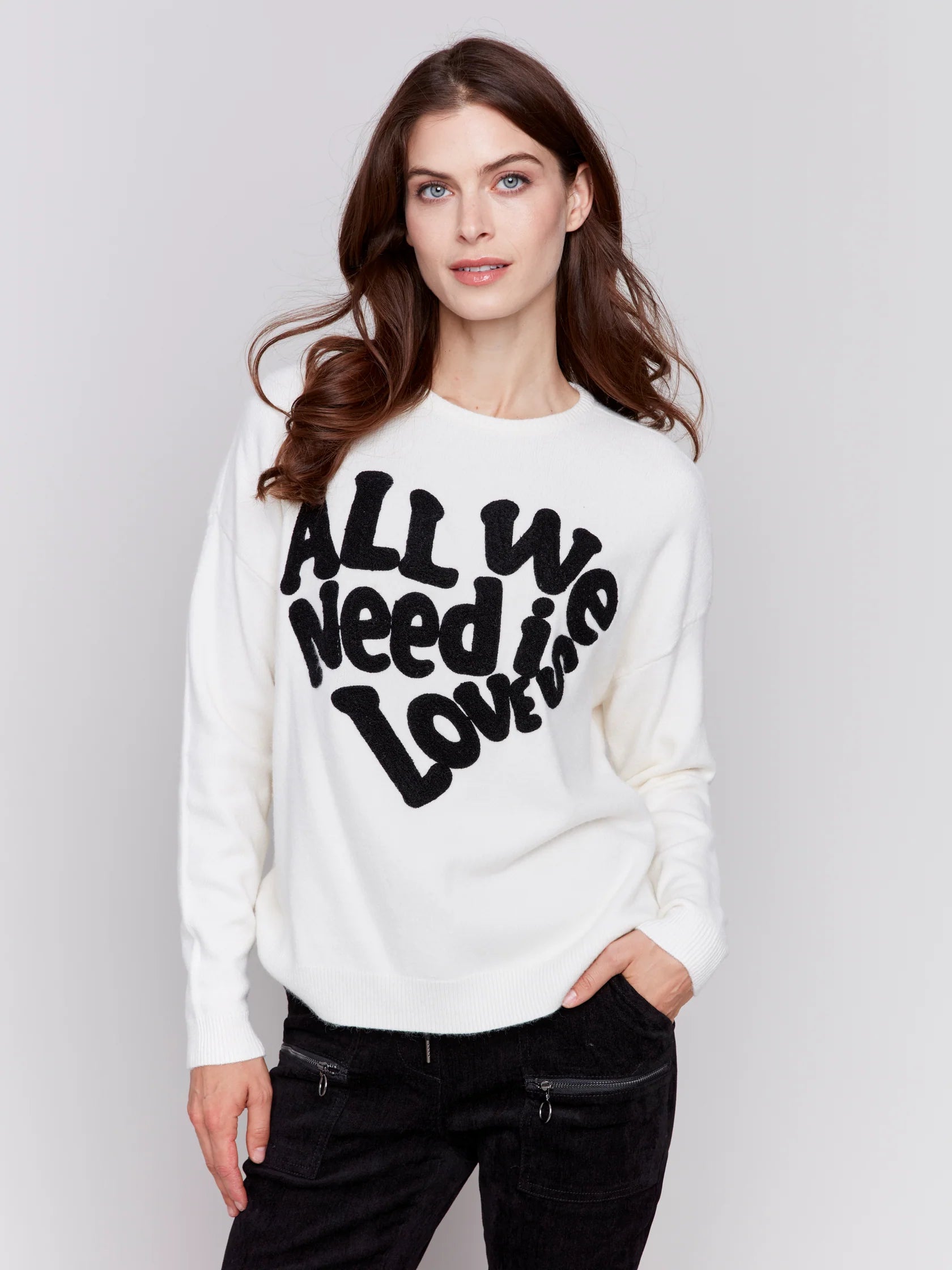 Charlie B Crew Neck Sweater With Love Embroidery C2526RR-736A