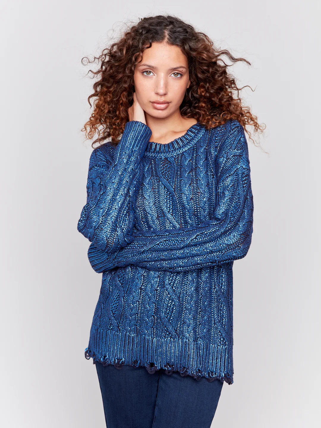 Charlie B Foiled Cable Knit Crew-Neck Sweater With Distressed Hem - C2716P-095C