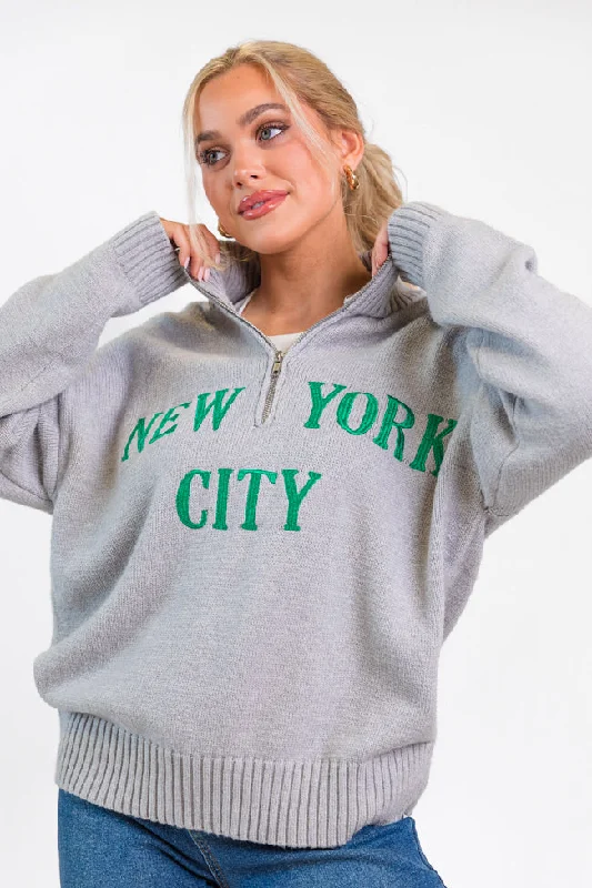 Roll With It Grey and Green New York Embroidered Quarter Zip Sweater SALE FINAL SALE