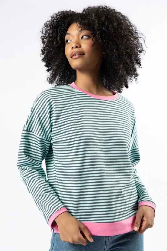 Think On It Pink, Navy, and Charcoal Striped Contrast Trim Pullover